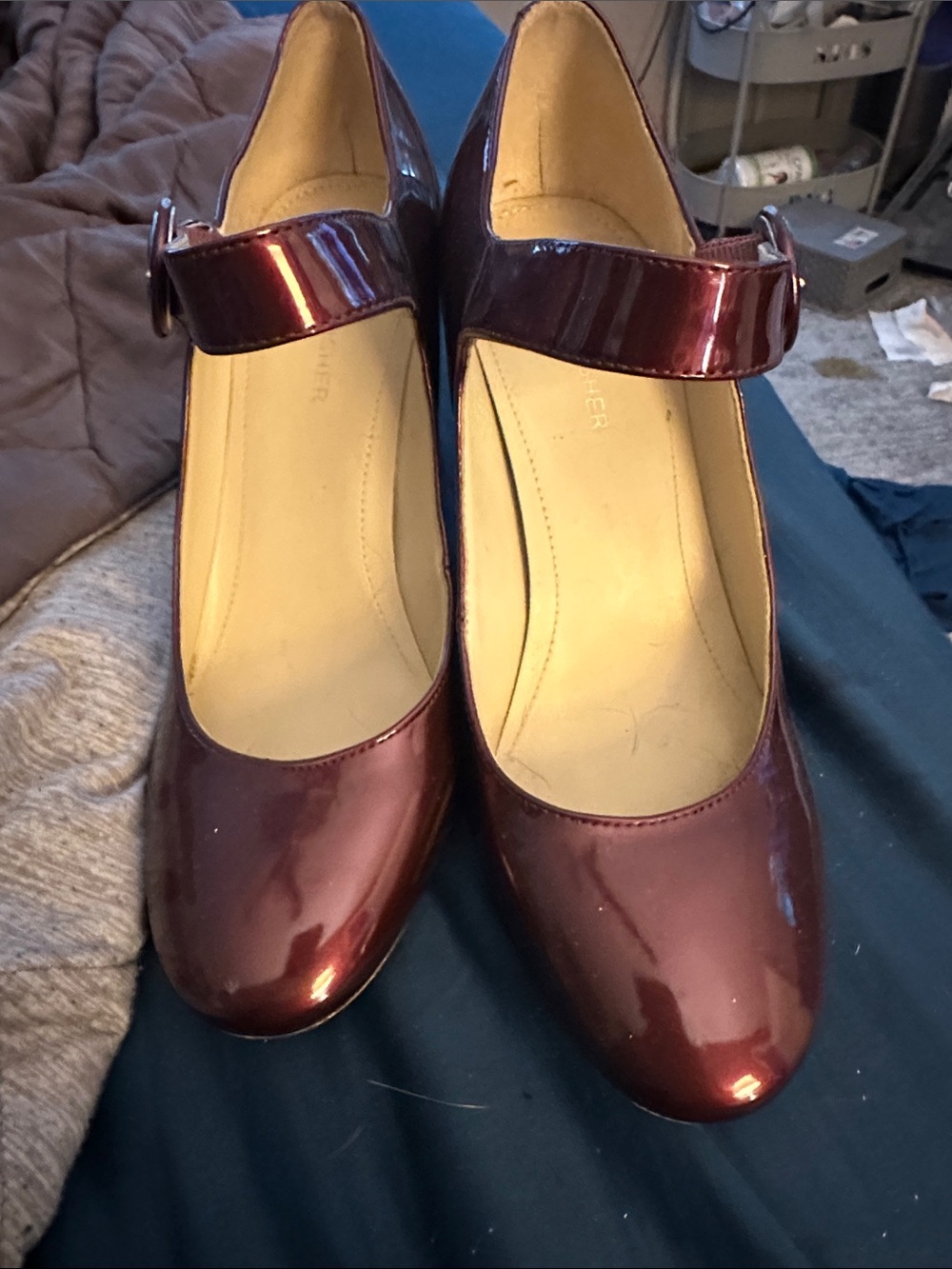 Marc Fisher Burgundy Patent Mary Jane Heels with Strap